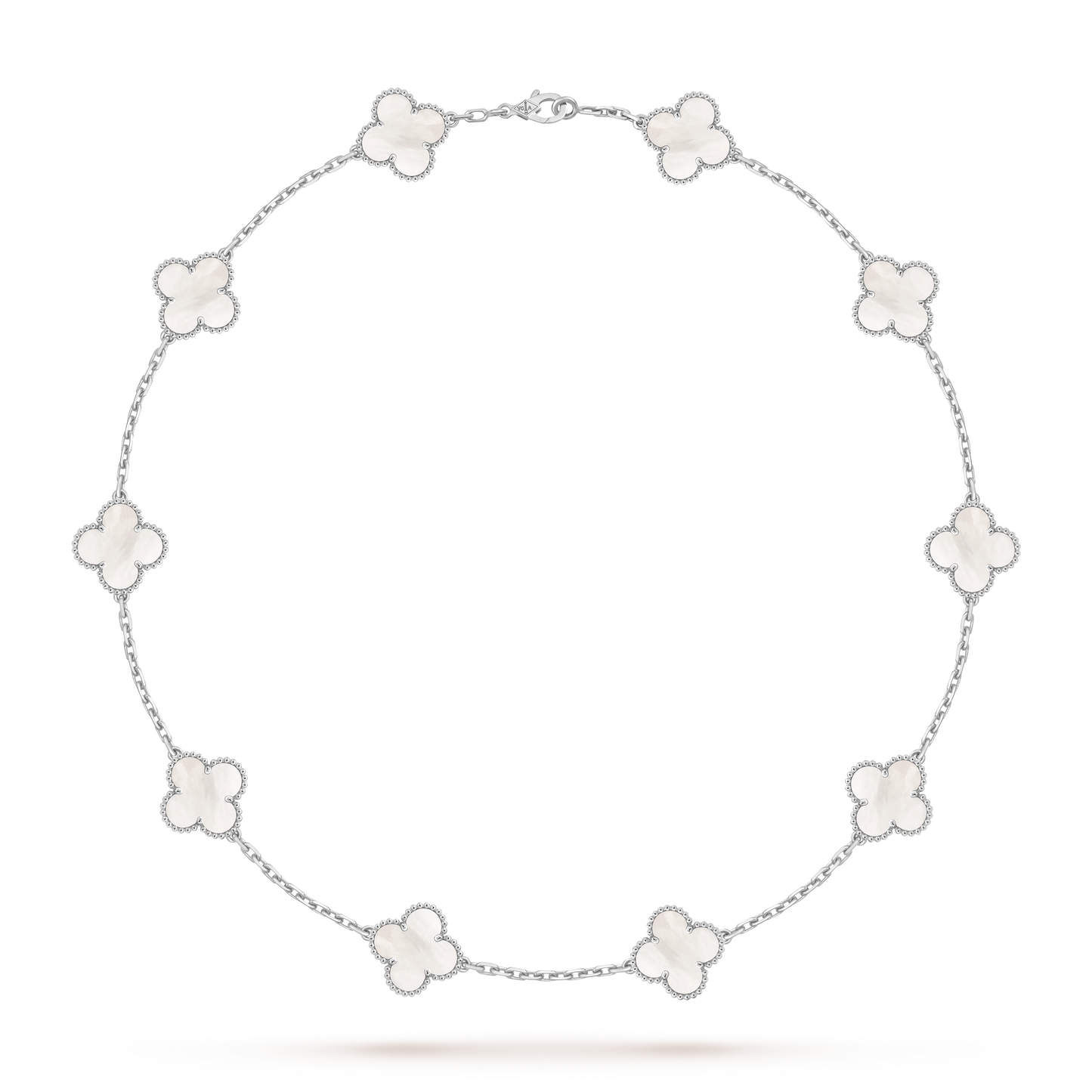 Van Cleef & Arpels Platinum 10 Four-Leaf Clover Pearl Mother-of-Pearl Necklace Vintage Alhambra