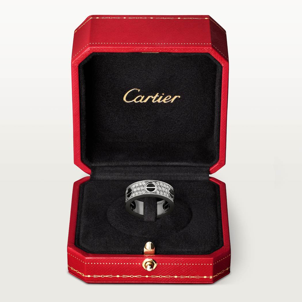 Cartier 18K white gold classic LOVE 6mm ceramic ring paired with 3 rows of diamonds
