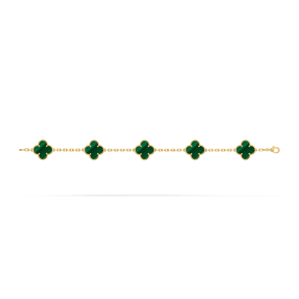 VCA green Four-leaf Clover 5-flower gold bracelet paired with malachite