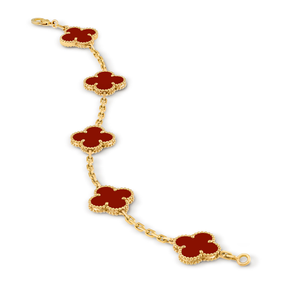 VCA red Four-leaf Clover 5-flower gold bracelet paired with carnelian