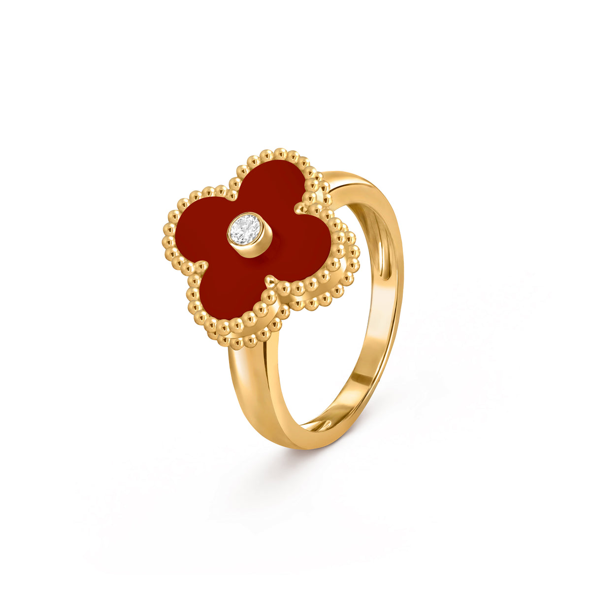 Van Cleef & Arpels 18K gold four-leaf clover ring with carnelian and diamonds