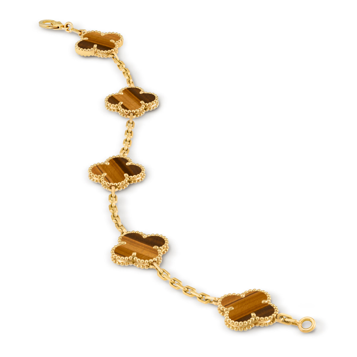VCA four-leaf clover 5-flower golden bracelet paired with tiger's eye stone