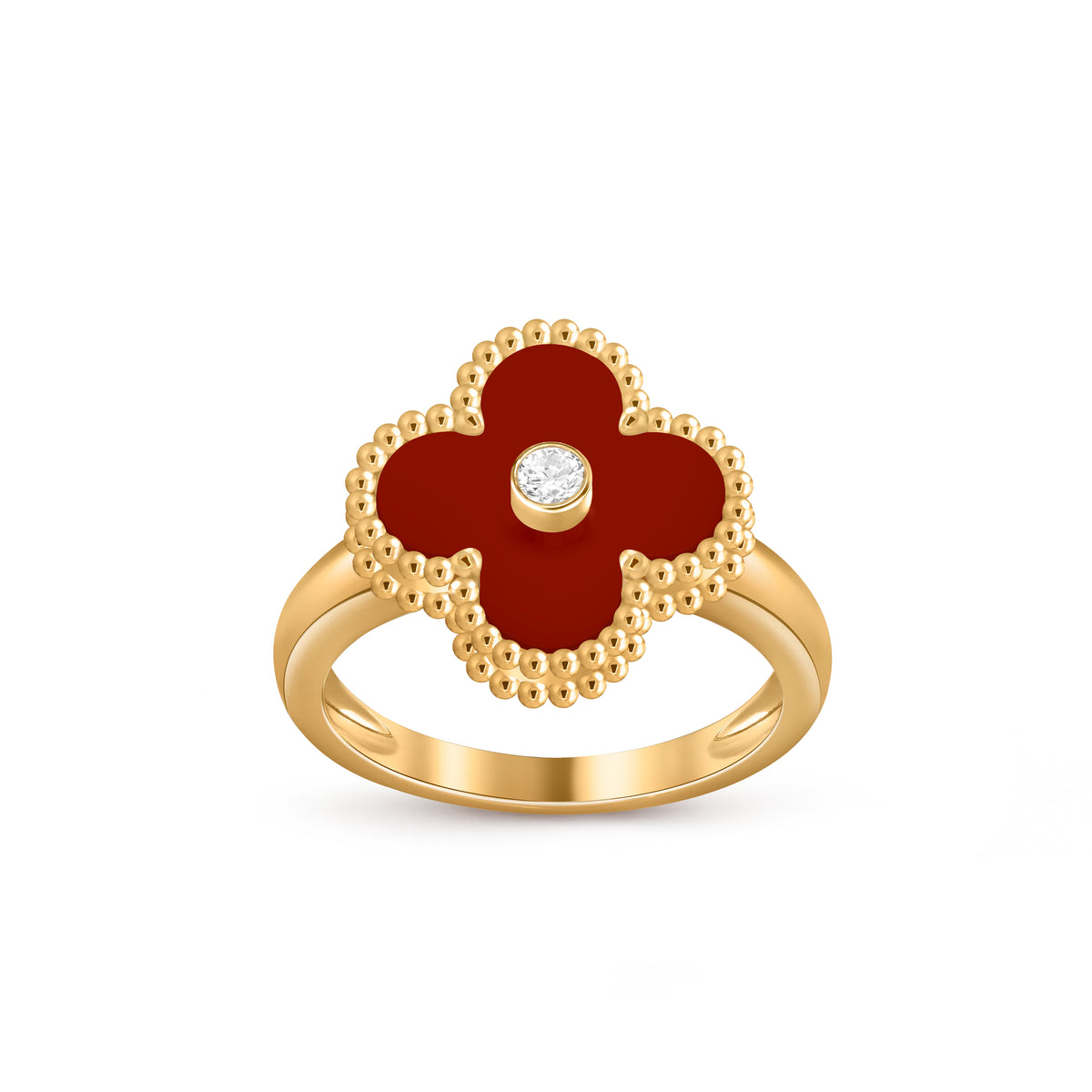 Van Cleef & Arpels 18K gold four-leaf clover ring with carnelian and diamonds