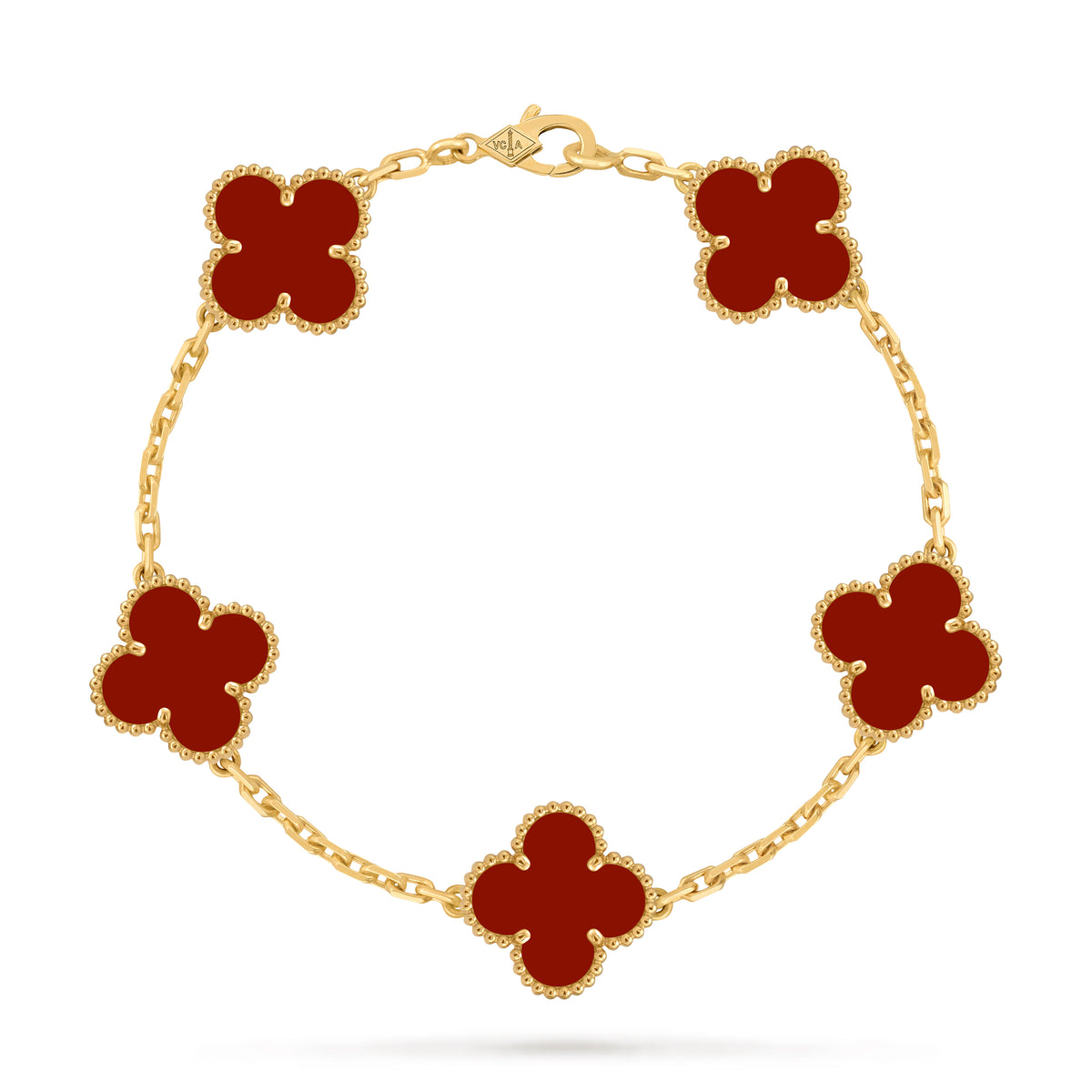 VCA red Four-leaf Clover 5-flower gold bracelet paired with carnelian