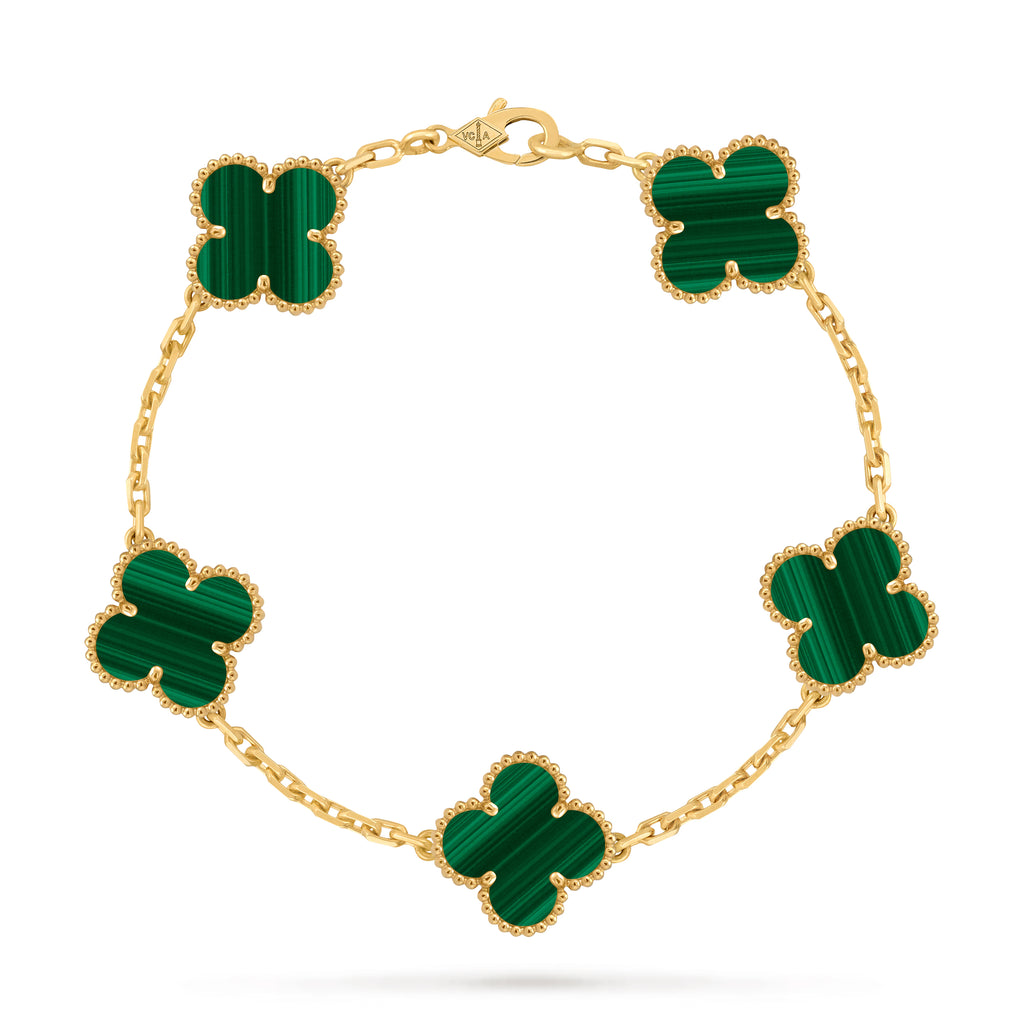 VCA green Four-leaf Clover 5-flower gold bracelet paired with malachite