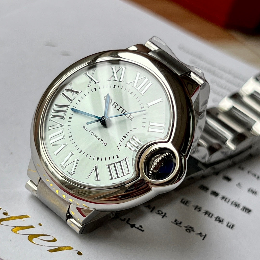 Cartier watch with sapphire crystal face and blue balloon design