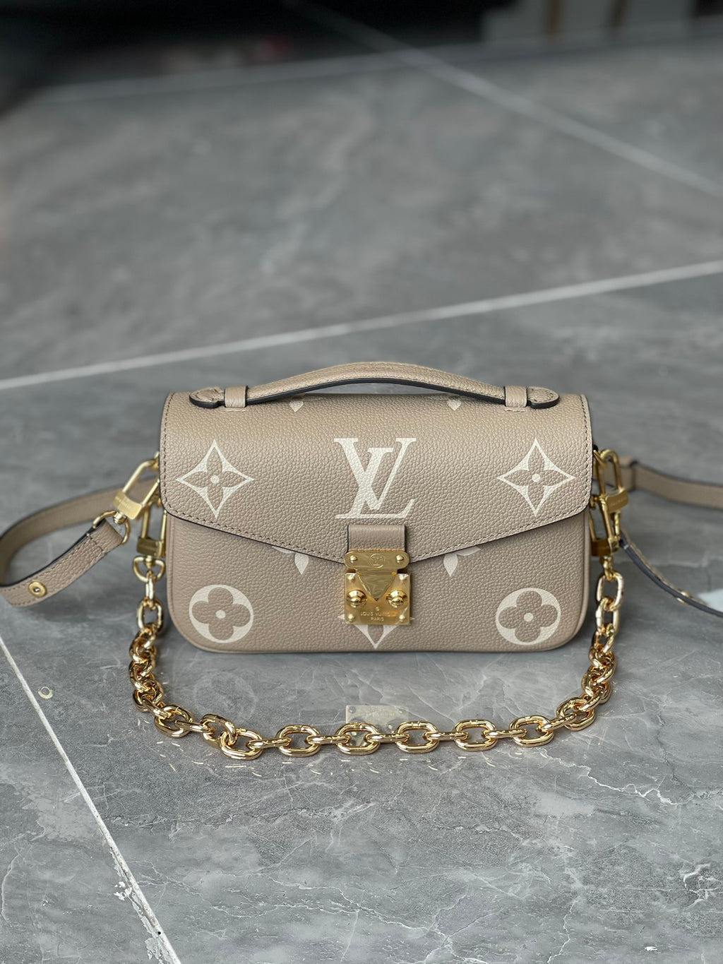 Gris Empreinte Metis East West Mini Crossbody Bag, Giant Monogram Leather Handbag, Gold Chain Flap Shoulder Purse, Top Handle Designer Messenger Bag for Women Daily Travel Dating
