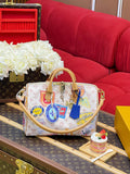 Women’s Speedy Soft 30 White Patchwork Monogram Handbag, Vintage Travel Sticker Print Boston Bag, Top Handle Crossbody Shoulder Purse with Detachable Strap