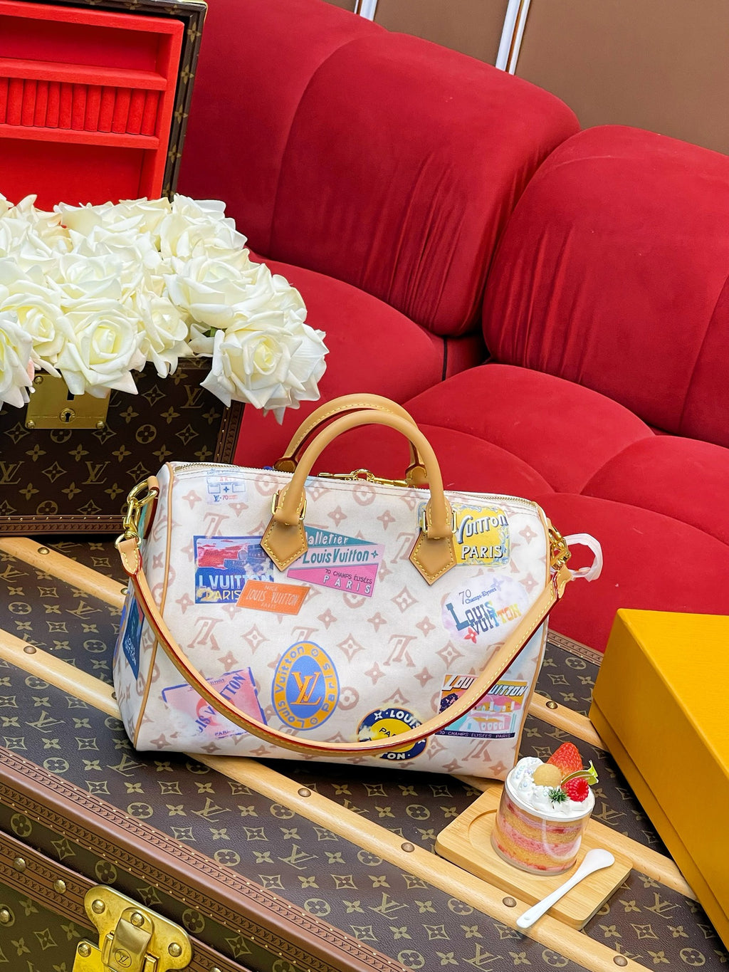Women’s Speedy Soft 30 White Patchwork Monogram Handbag, Vintage Travel Sticker Print Boston Bag, Top Handle Crossbody Shoulder Purse with Detachable Strap