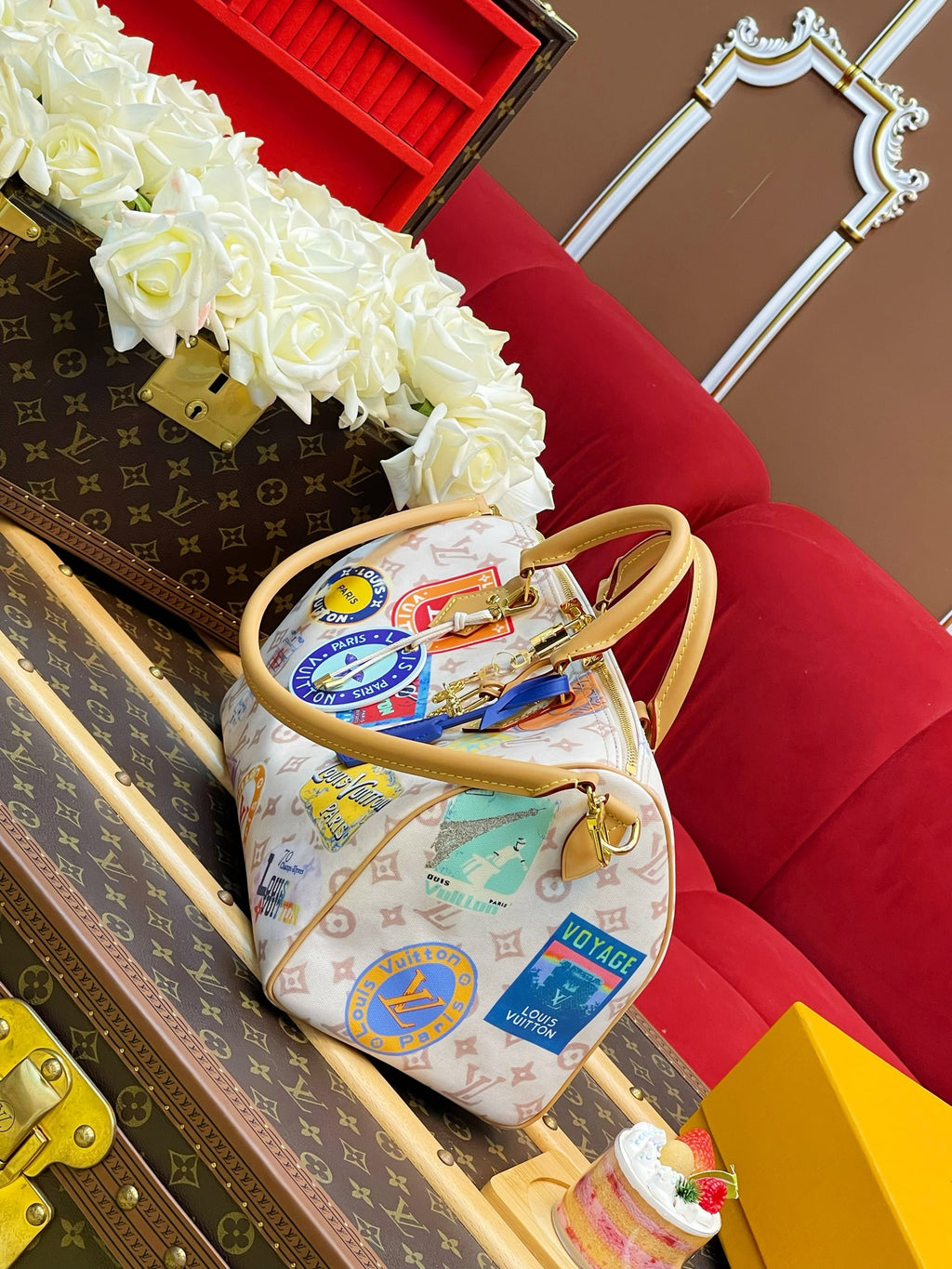 Women’s Speedy Soft 30 White Patchwork Monogram Handbag, Vintage Travel Sticker Print Boston Bag, Top Handle Crossbody Shoulder Purse with Detachable Strap