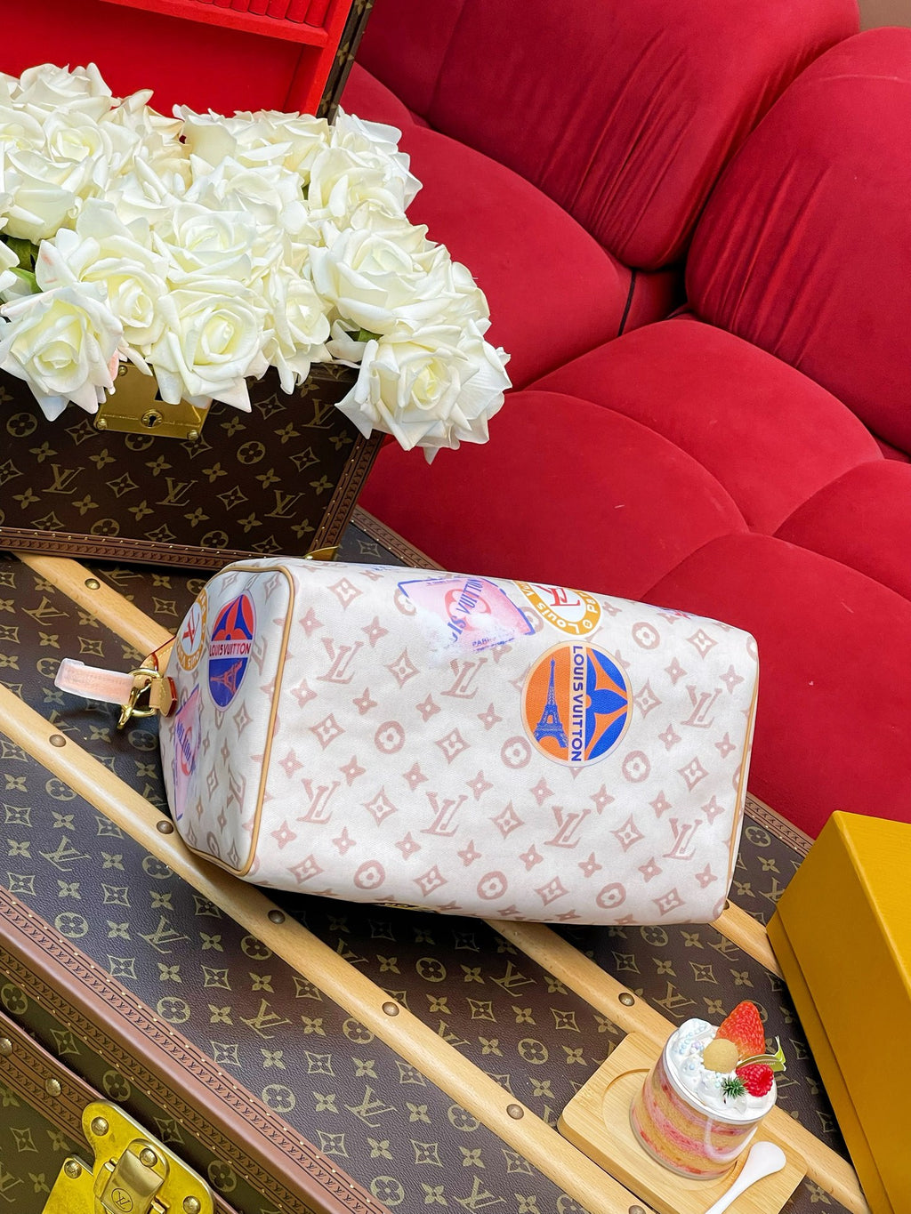 Women’s Speedy Soft 30 White Patchwork Monogram Handbag, Vintage Travel Sticker Print Boston Bag, Top Handle Crossbody Shoulder Purse with Detachable Strap