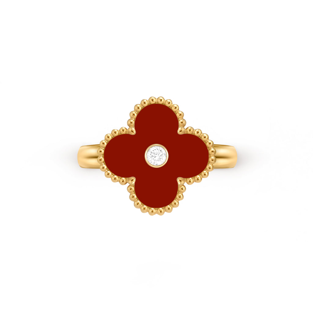 Van Cleef & Arpels 18K gold four-leaf clover ring with carnelian and diamonds