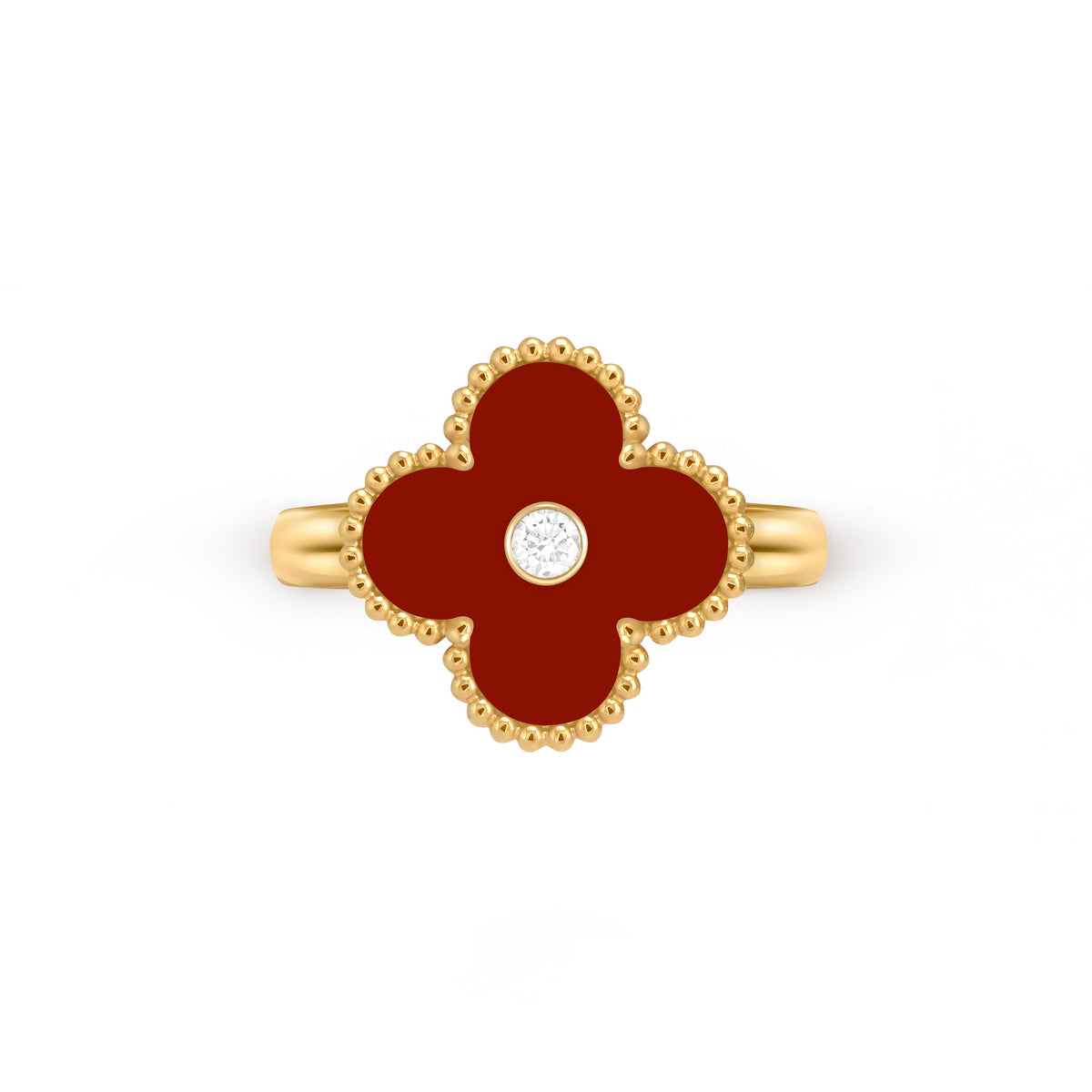 Van Cleef & Arpels 18K gold four-leaf clover ring with carnelian and diamonds