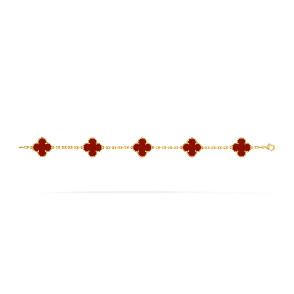 VCA red Four-leaf Clover 5-flower gold bracelet paired with carnelian