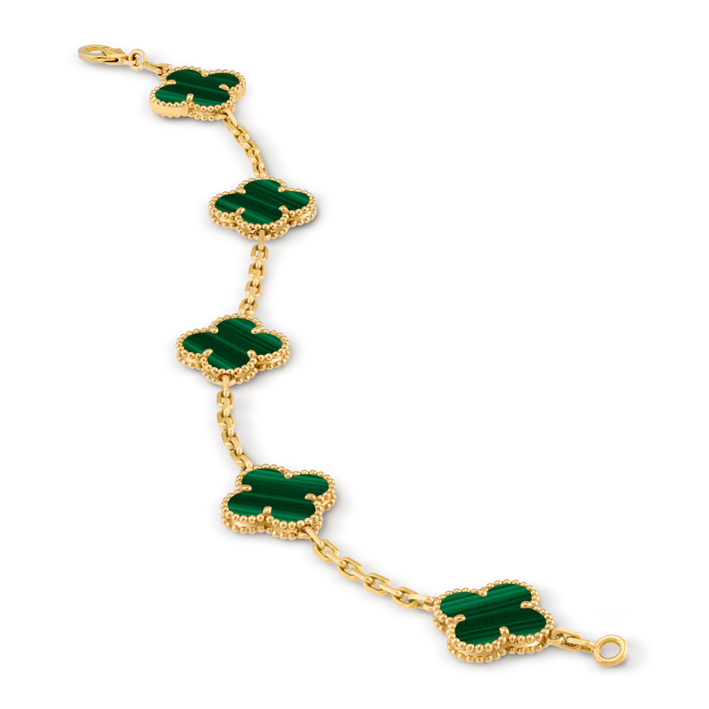 VCA green Four-leaf Clover 5-flower gold bracelet paired with malachite