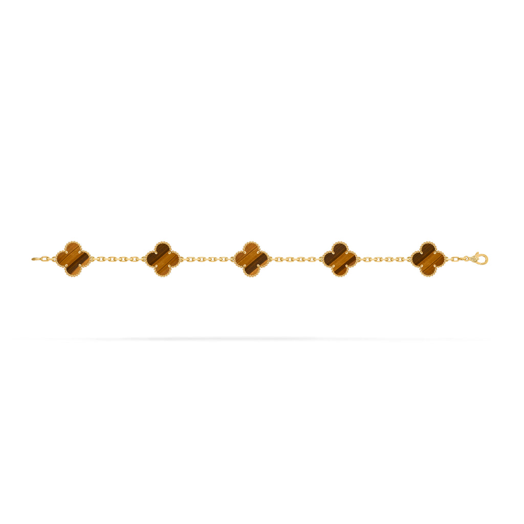 VCA four-leaf clover 5-flower golden bracelet paired with tiger's eye stone