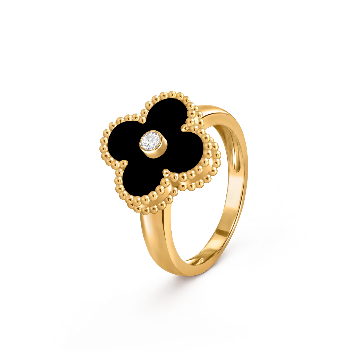 Van Cleef & Arpels 18K gold four-leaf clover ring with black agate and diamond