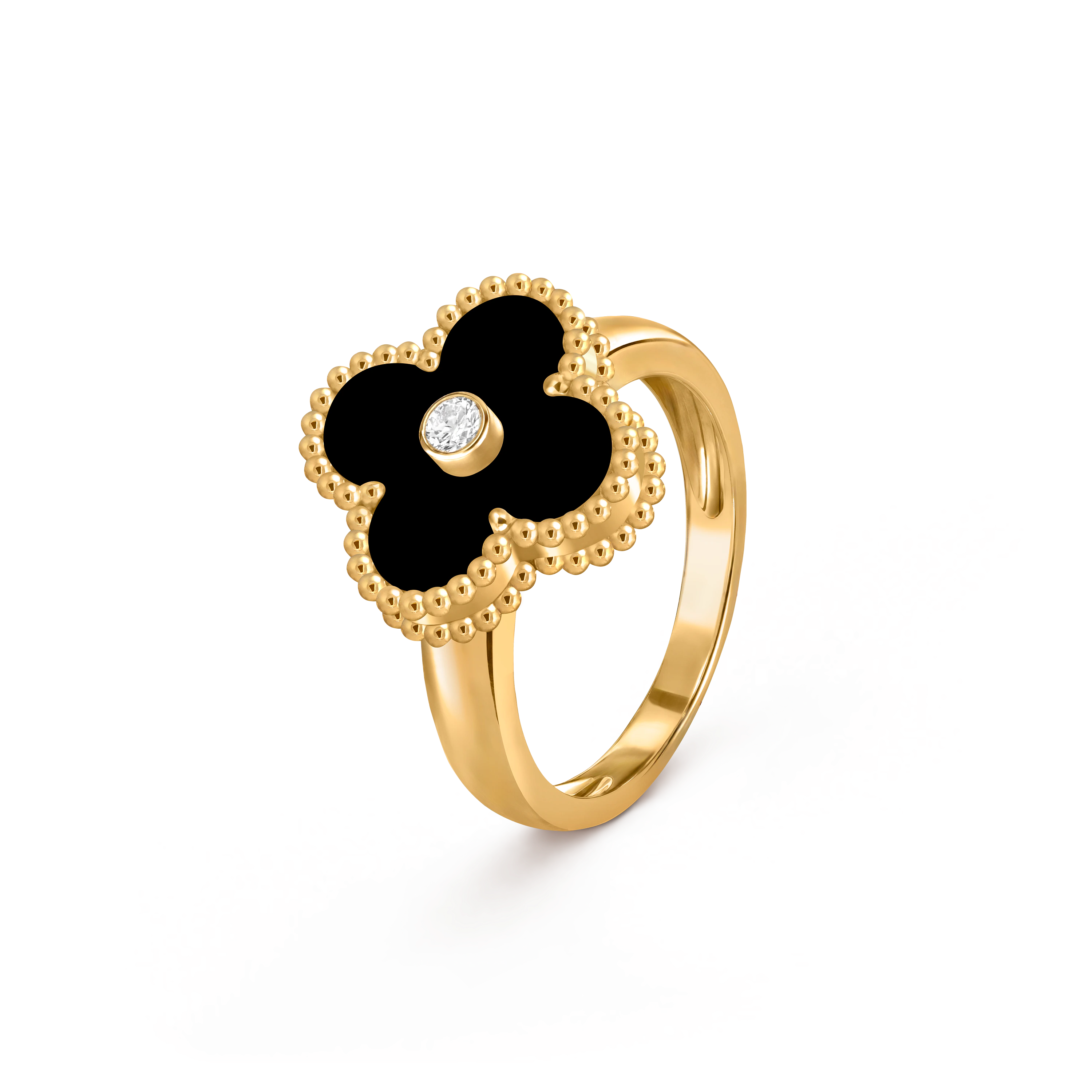 Van Cleef & Arpels 18K gold four-leaf clover ring with black agate and diamond