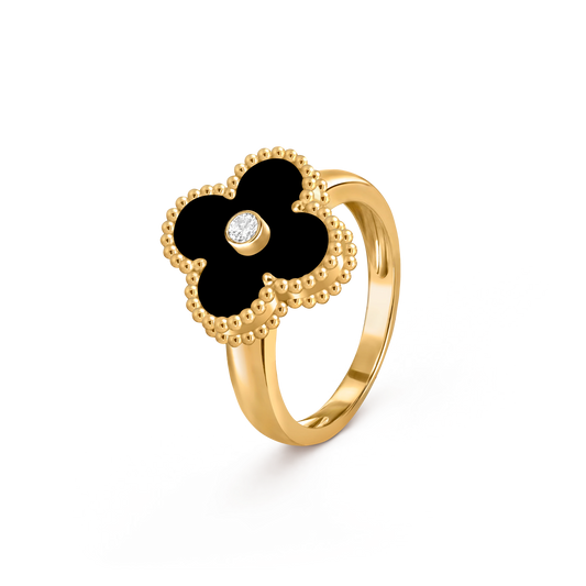 Van Cleef & Arpels 18K gold four-leaf clover ring with black agate and diamond