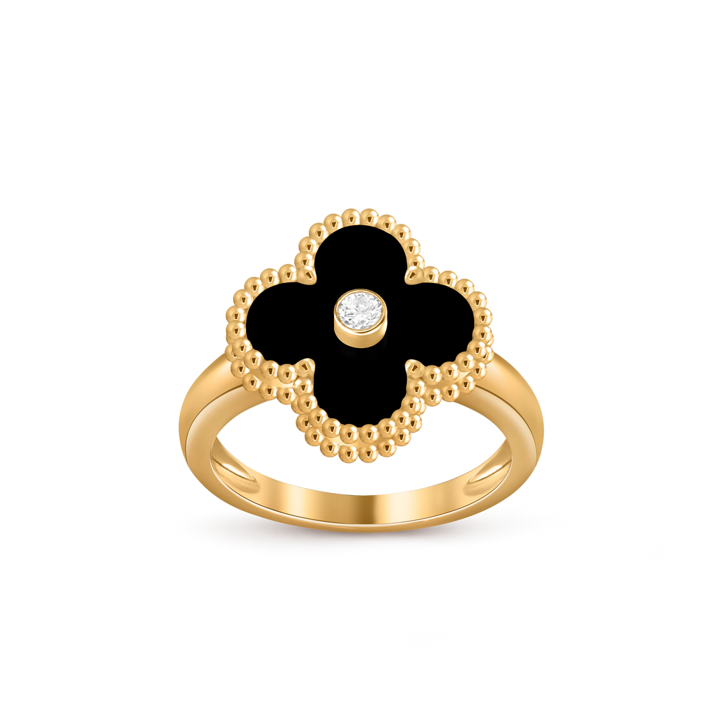 Van Cleef & Arpels 18K gold four-leaf clover ring with black agate and diamond