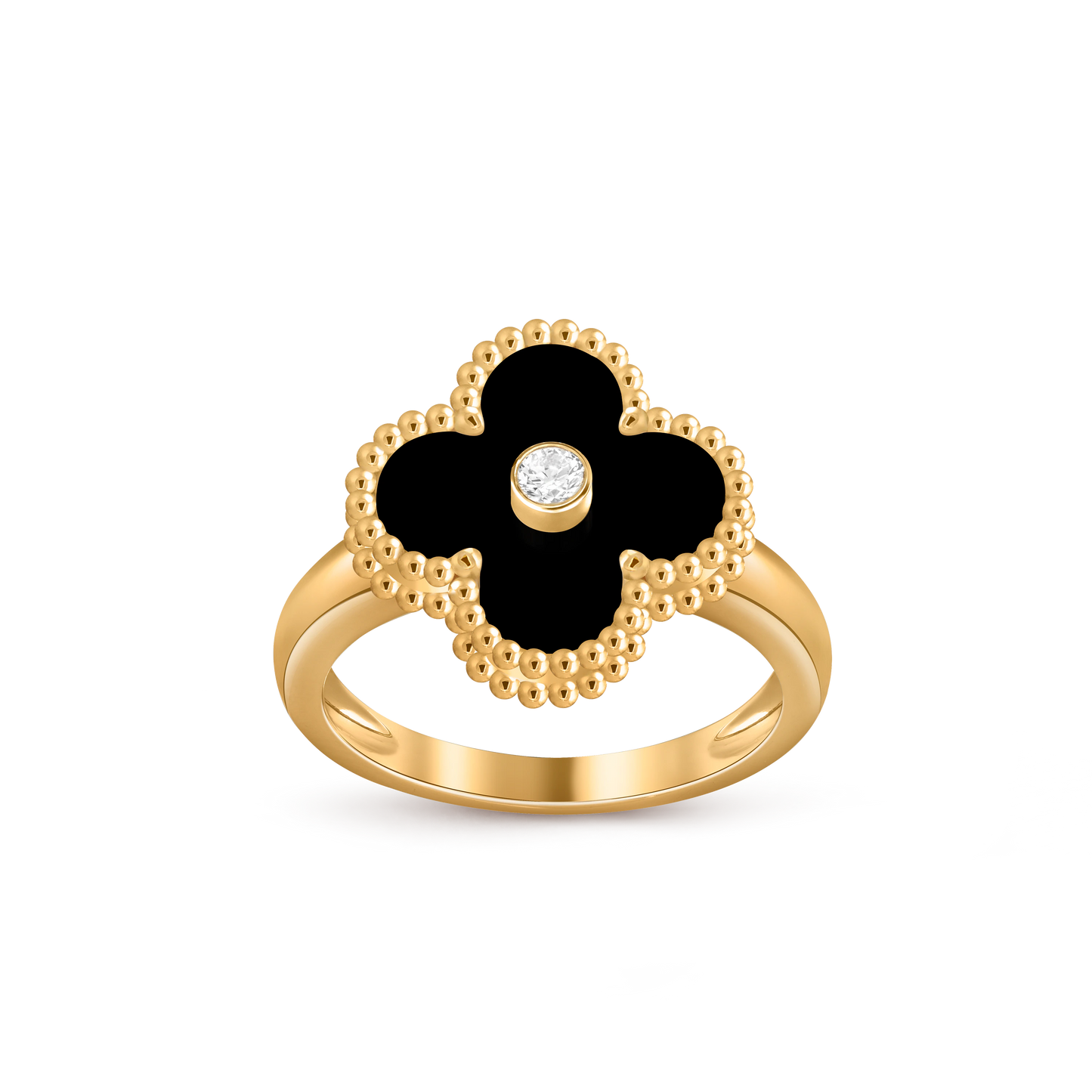 Van Cleef & Arpels 18K gold four-leaf clover ring with black agate and diamond