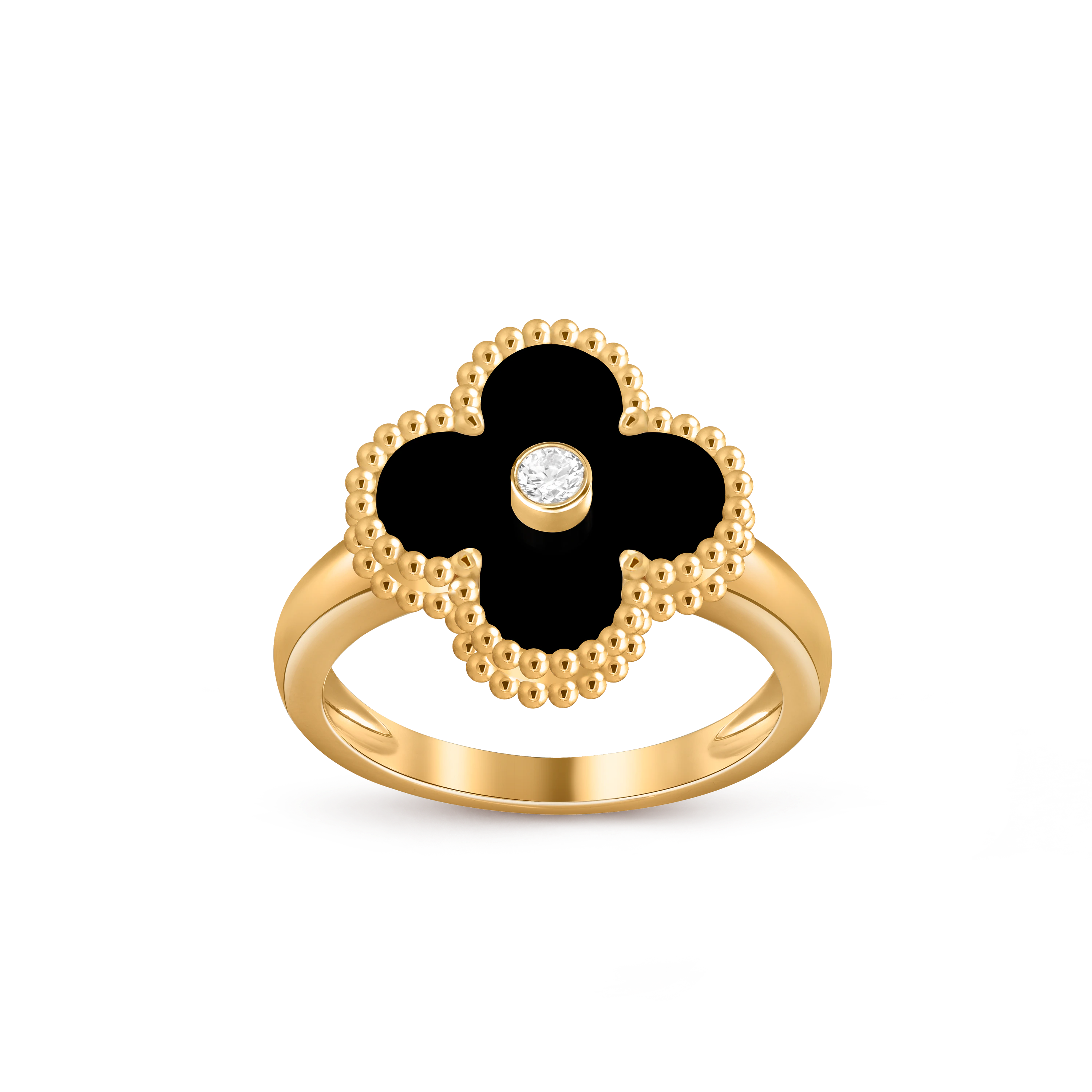 Van Cleef & Arpels 18K gold four-leaf clover ring with black agate and diamond