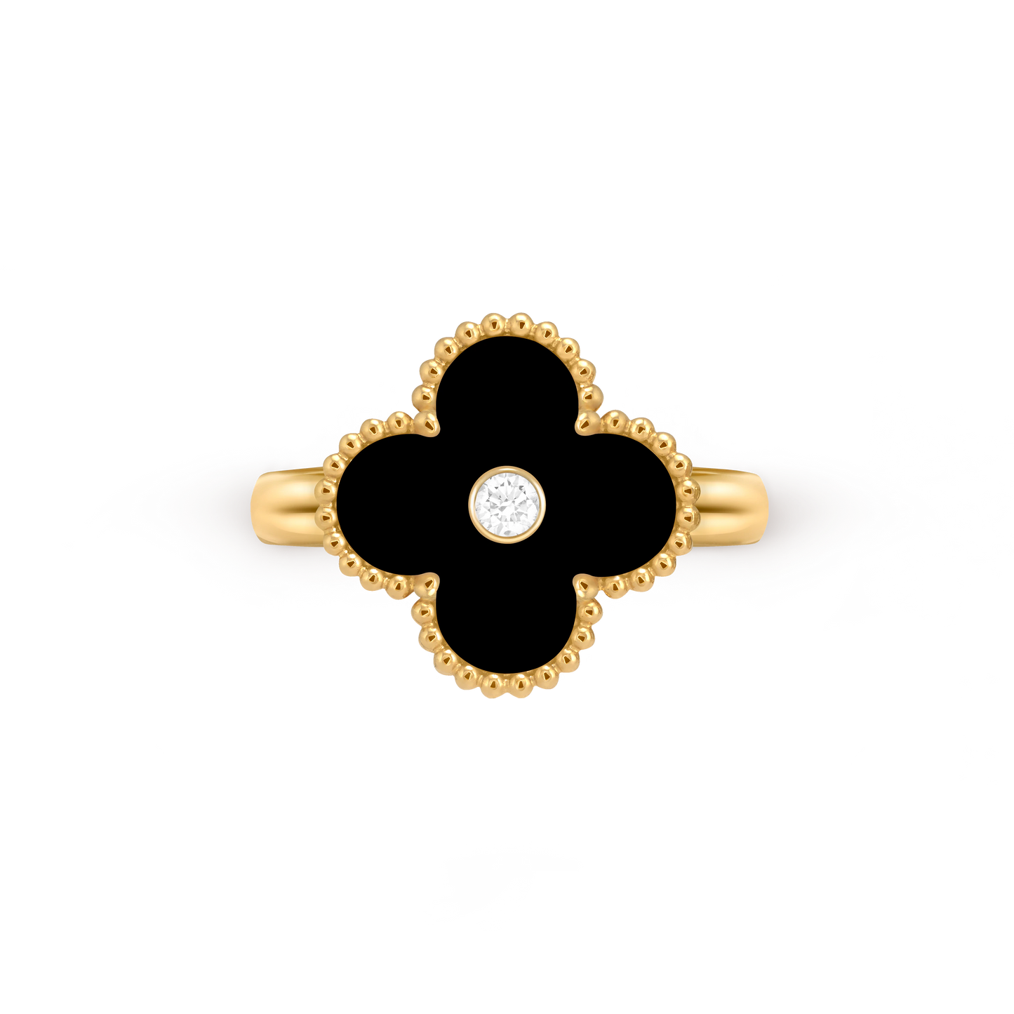 Van Cleef & Arpels 18K gold four-leaf clover ring with black agate and diamond