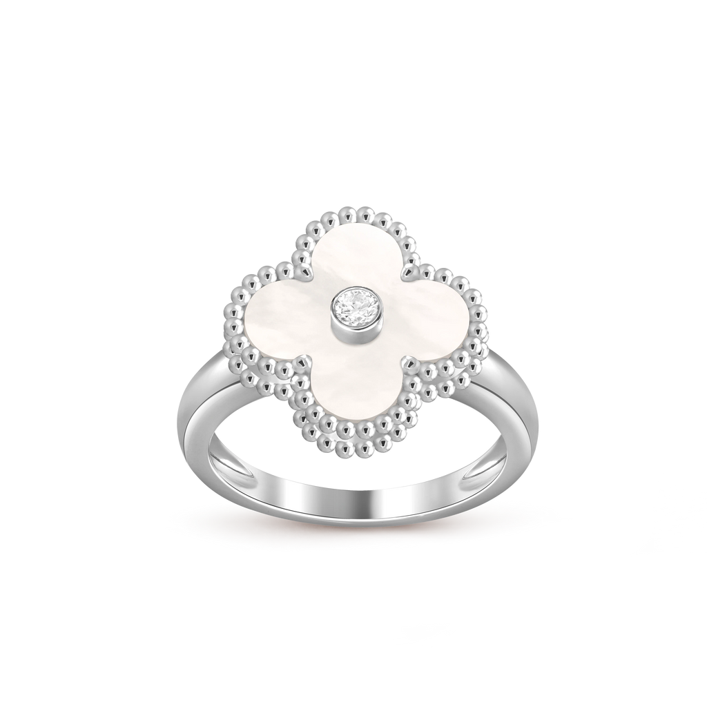 VCA white gold mother-of-pearl ring paired with diamond Vintage Alhambra