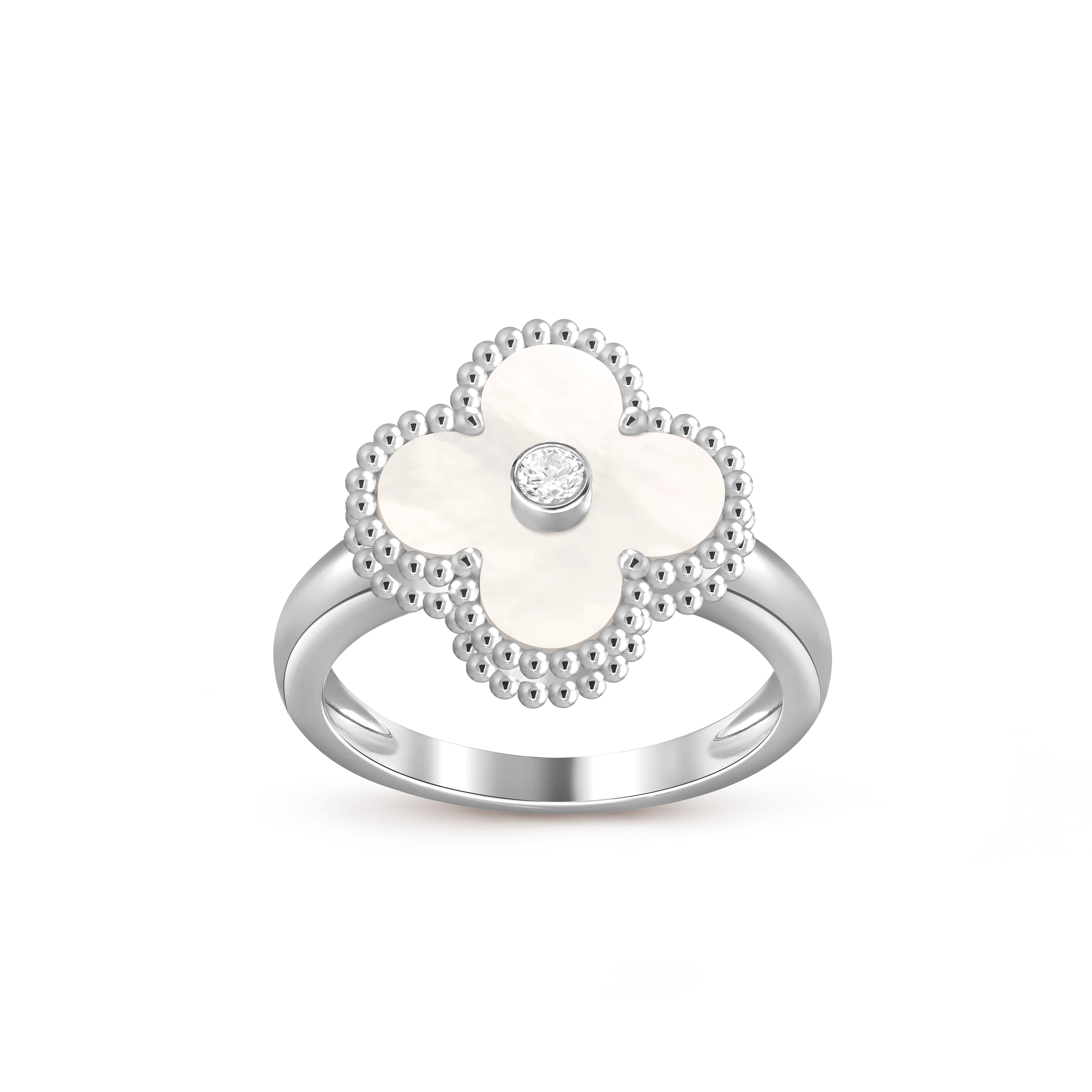 VCA white gold mother-of-pearl ring paired with diamond Vintage Alhambra