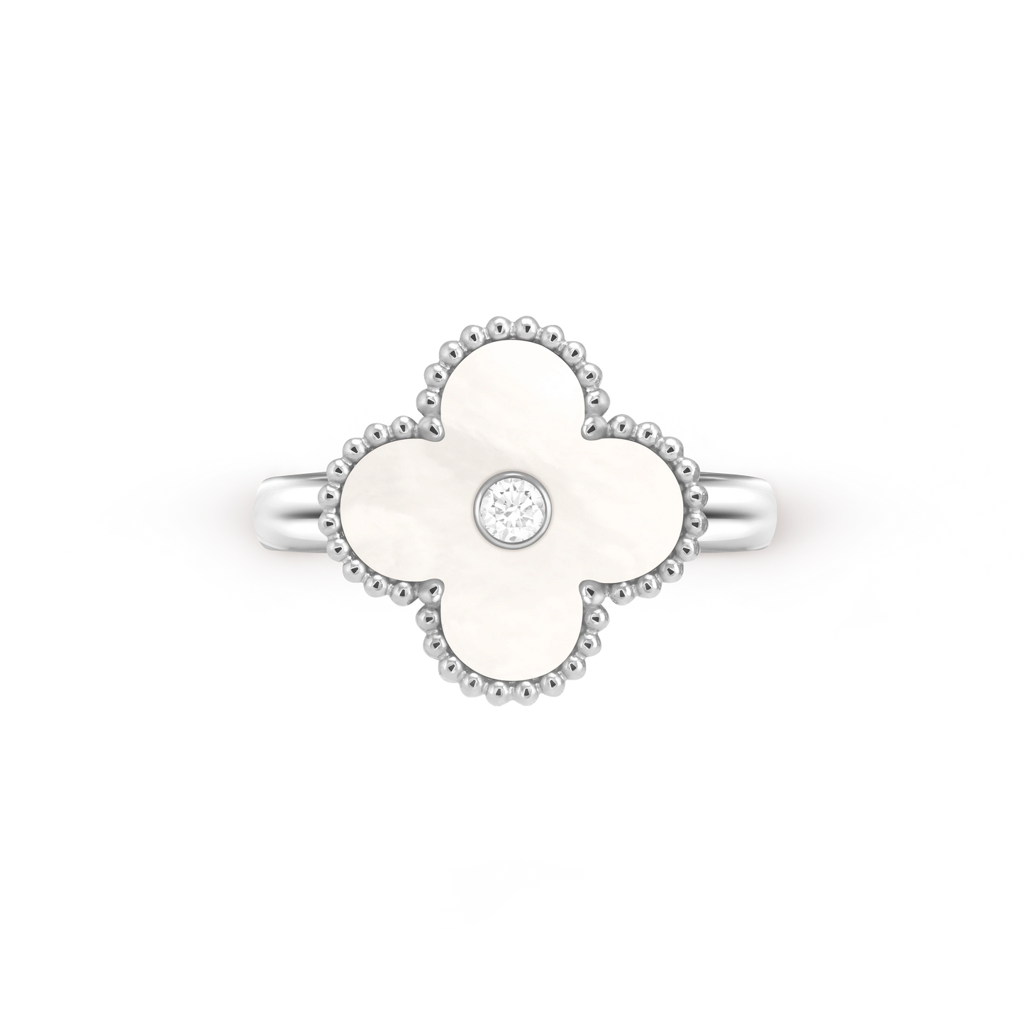 VCA white gold mother-of-pearl ring paired with diamond Vintage Alhambra