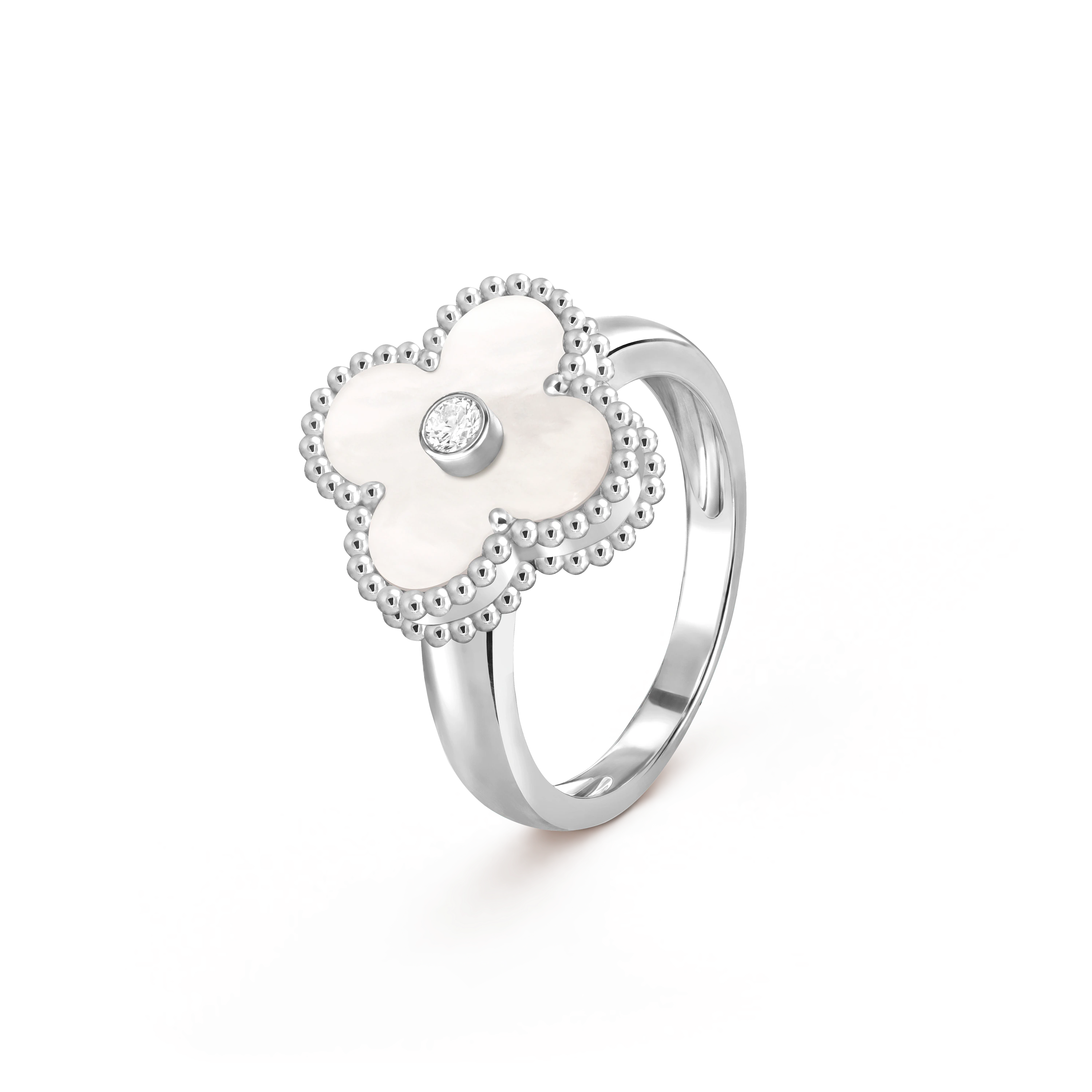 VCA white gold mother-of-pearl ring paired with diamond Vintage Alhambra