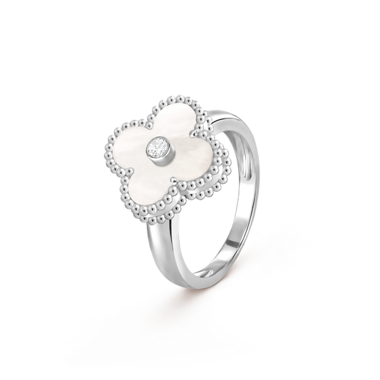 VCA white gold mother-of-pearl ring paired with diamond Vintage Alhambra