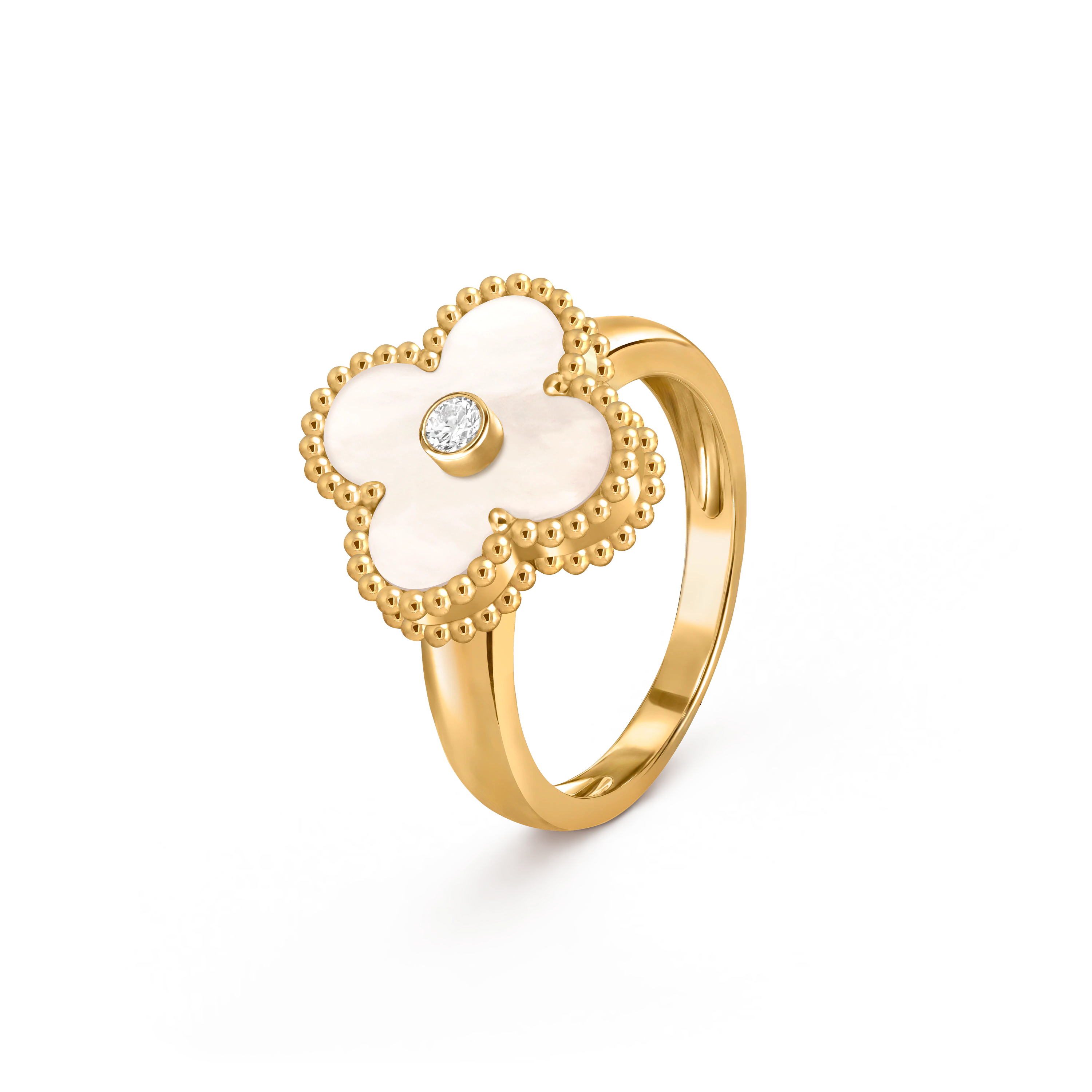 Van Cleef & Arpels Gold ring with White mother-of-pearl and diamond Vintage Alhambra