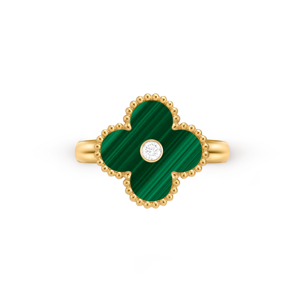 Van Cleef & Arpels gold malachite ring paired with diamond Vintage Alhambra