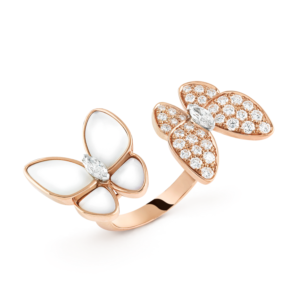 Van Cleef & Arpels rose gold open ring with white mother-of-pearl studded with diamonds Two Butterfly