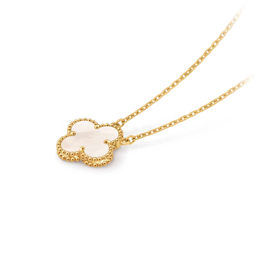 Van Cleef & Arpels Gold Pearl Mother-of-Pearl Four-Leaf Clover Pendant Vintage Alhambra