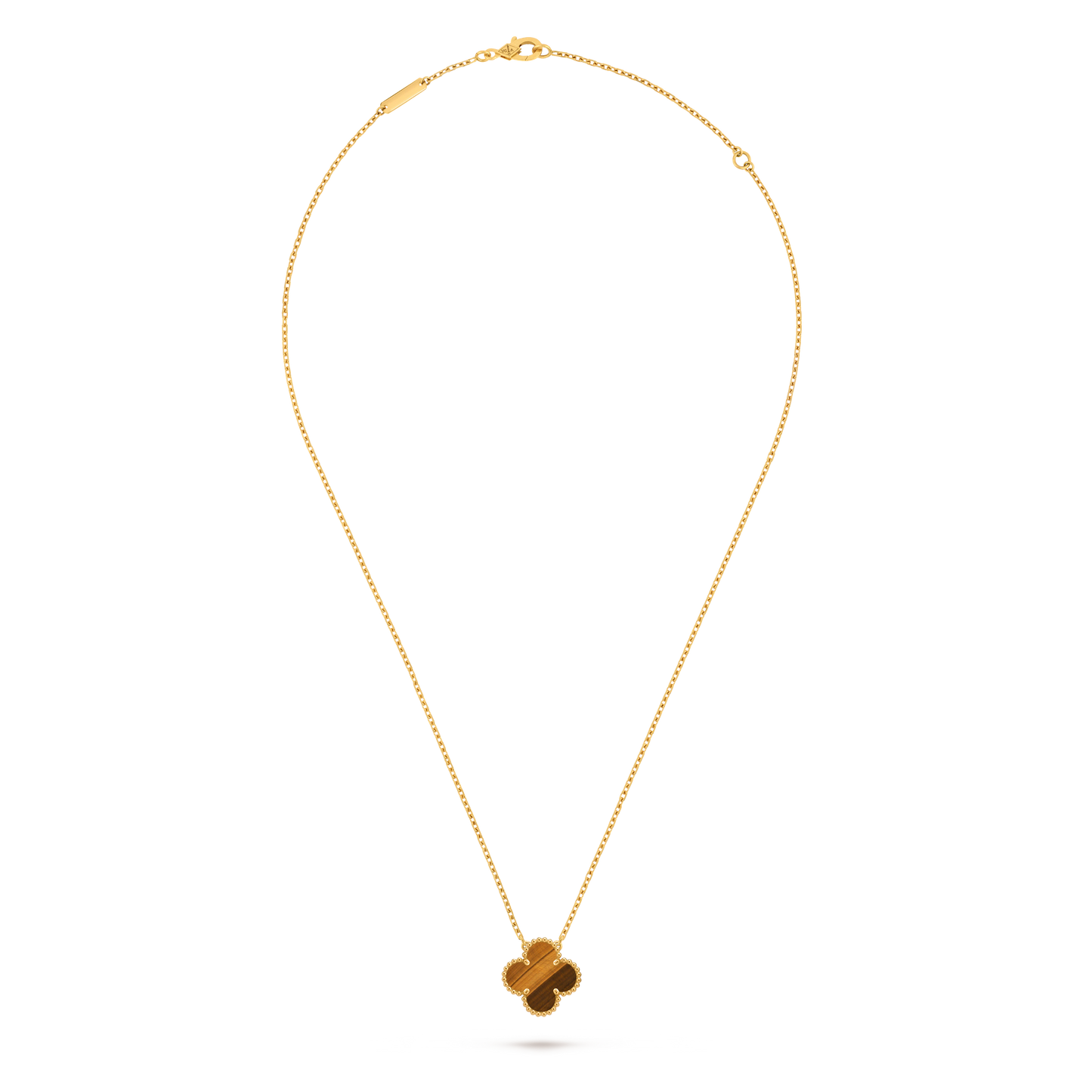 Van Cleef & Arpels Gold Four-leaf Clover Pendant Tiger's Eye Necklace Vintage Alhambra