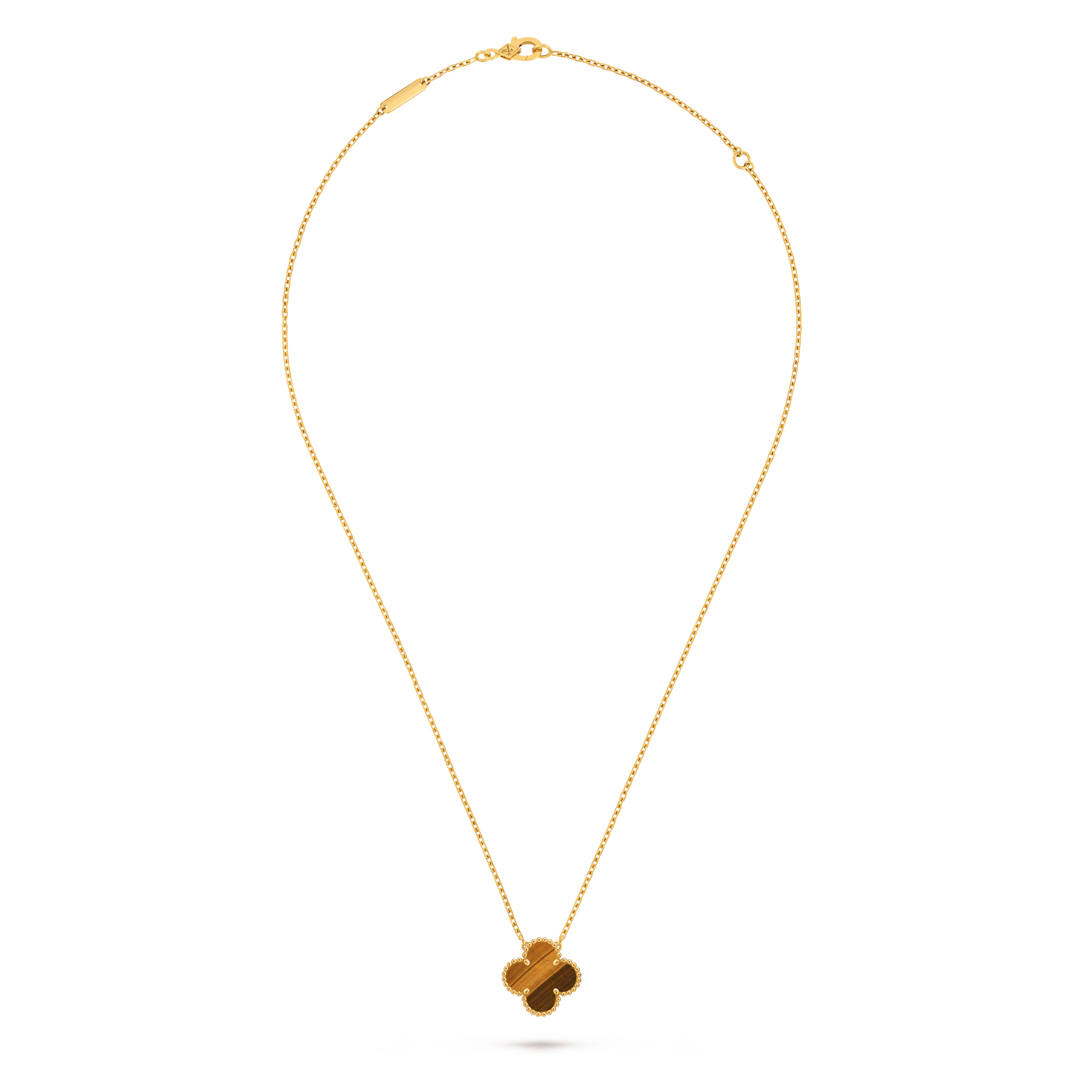 Van Cleef & Arpels Gold Four-leaf Clover Pendant Tiger's Eye Necklace Vintage Alhambra