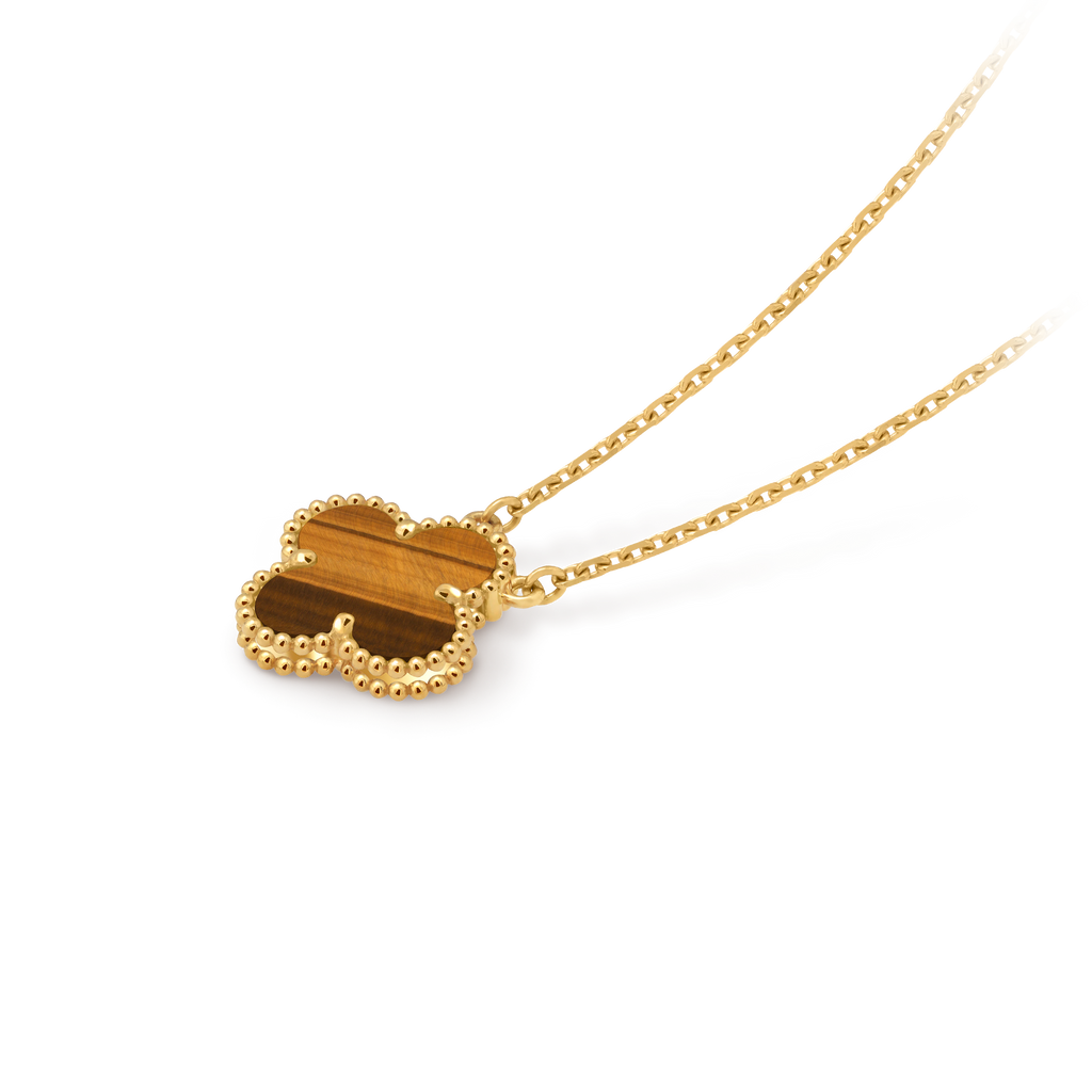 Van Cleef & Arpels Gold Four-leaf Clover Pendant Tiger's Eye Necklace Vintage Alhambra