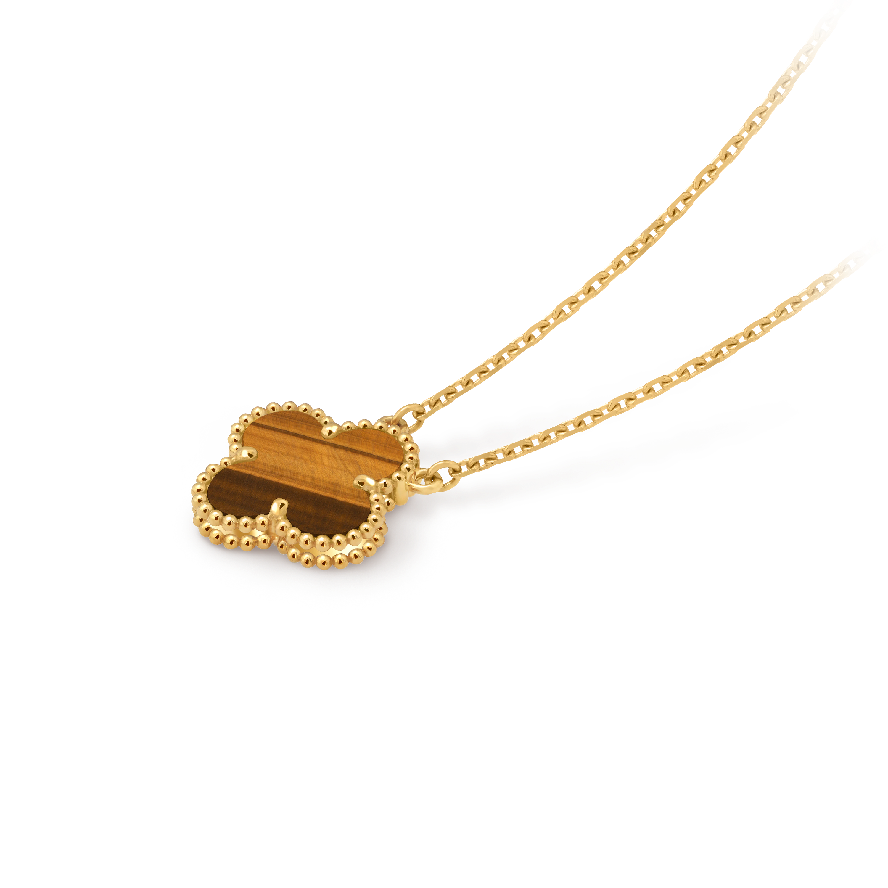 Van Cleef & Arpels Gold Four-leaf Clover Pendant Tiger's Eye Necklace Vintage Alhambra