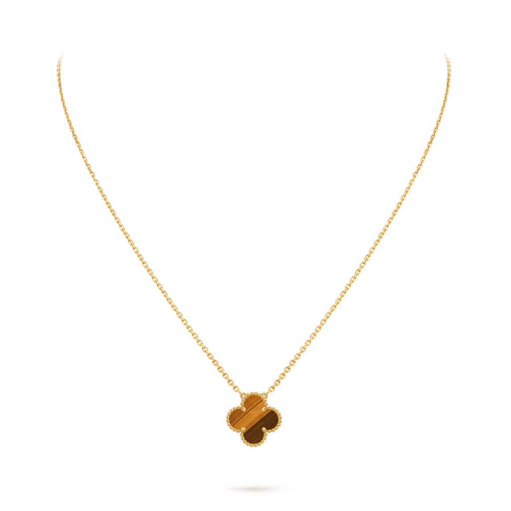 Van Cleef & Arpels Gold Four-leaf Clover Pendant Tiger's Eye Necklace Vintage Alhambra