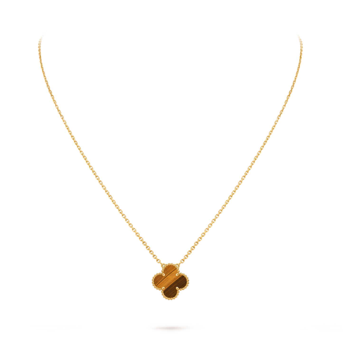 Van Cleef & Arpels Gold Four-leaf Clover Pendant Tiger's Eye Necklace Vintage Alhambra