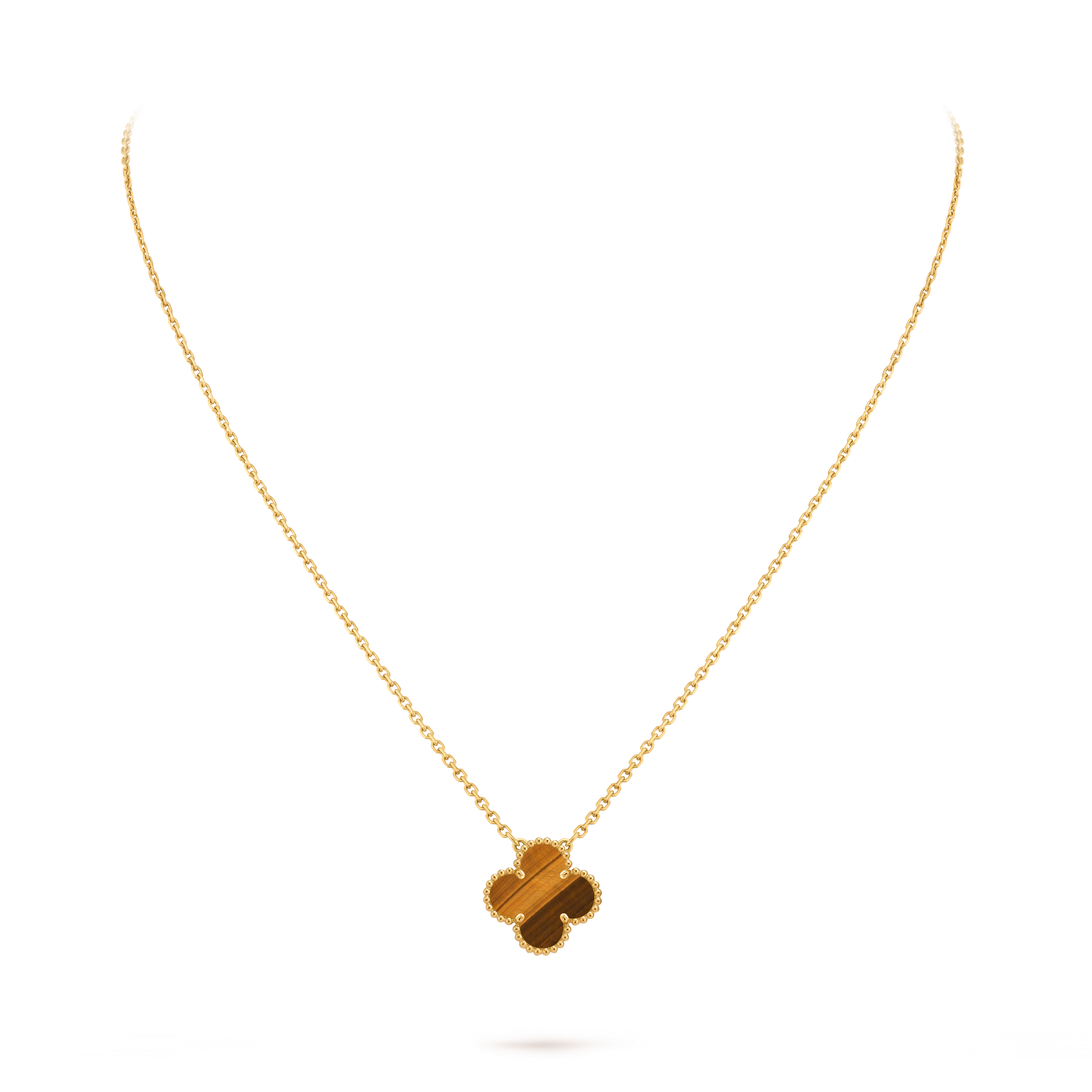 Van Cleef & Arpels Gold Four-leaf Clover Pendant Tiger's Eye Necklace Vintage Alhambra