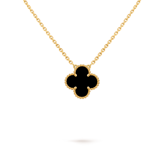 Van Cleef & Arpels Gold necklace four-leaf clover pendant Onyx Vintage Alhambra