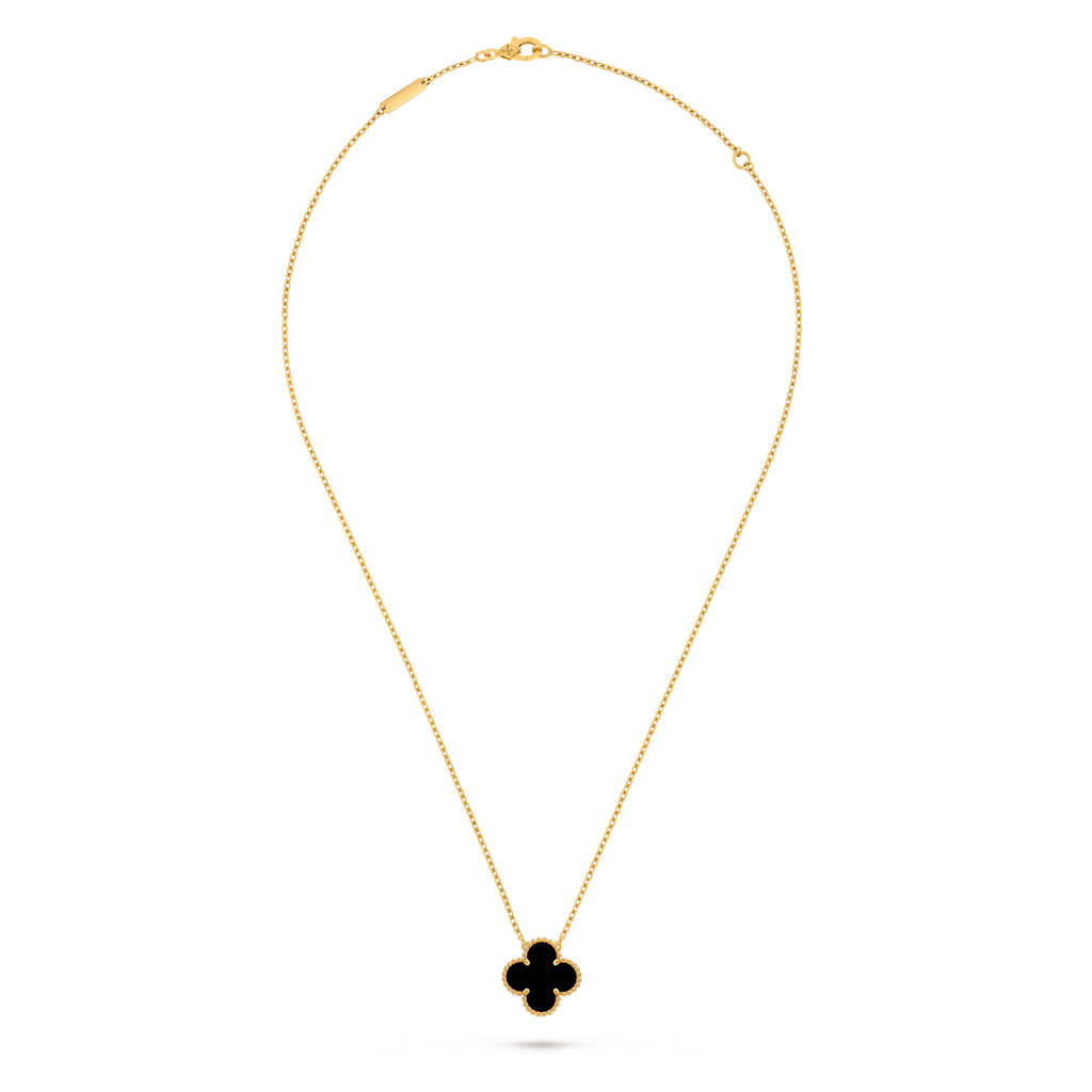 Van Cleef & Arpels Gold necklace four-leaf clover pendant Onyx Vintage Alhambra