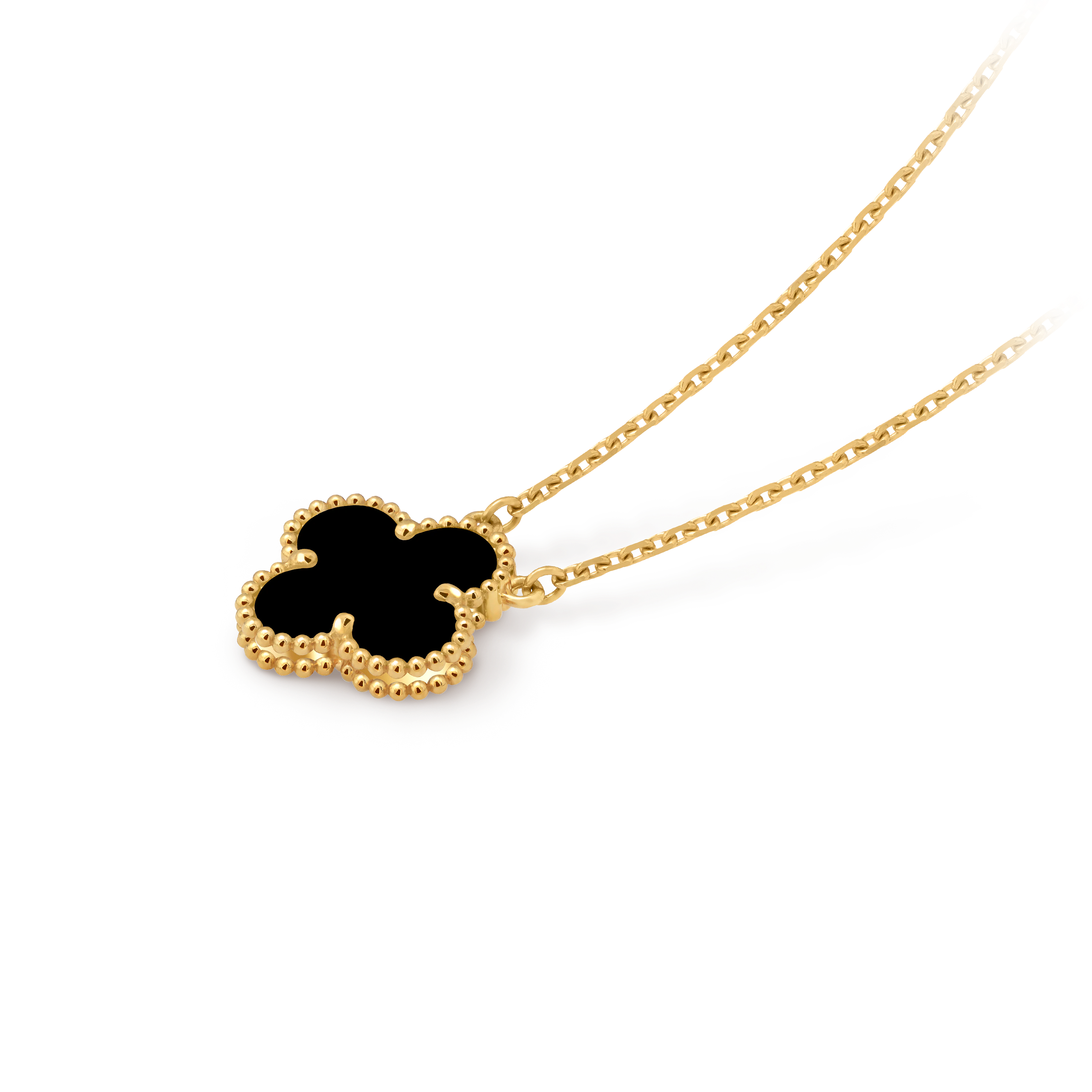 Van Cleef & Arpels Gold necklace four-leaf clover pendant Onyx Vintage Alhambra