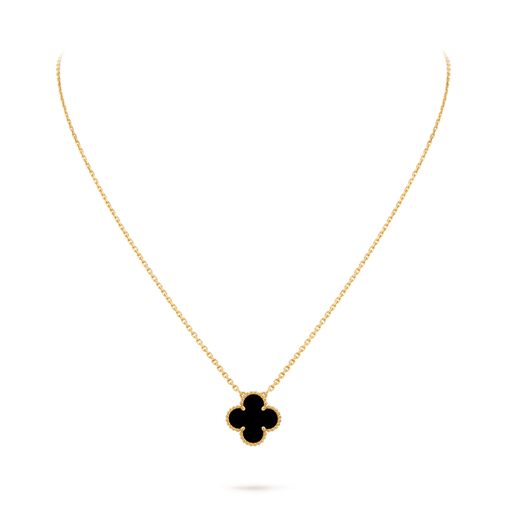 Van Cleef & Arpels Gold necklace four-leaf clover pendant Onyx Vintage Alhambra
