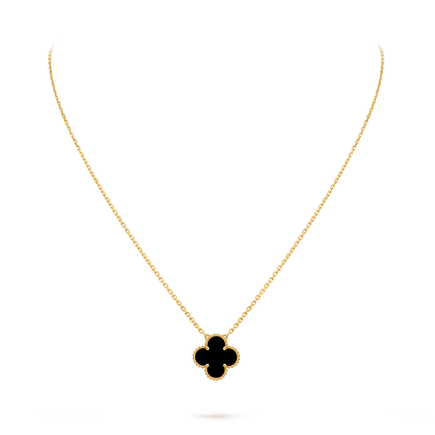 Van Cleef & Arpels Gold necklace four-leaf clover pendant Onyx Vintage Alhambra
