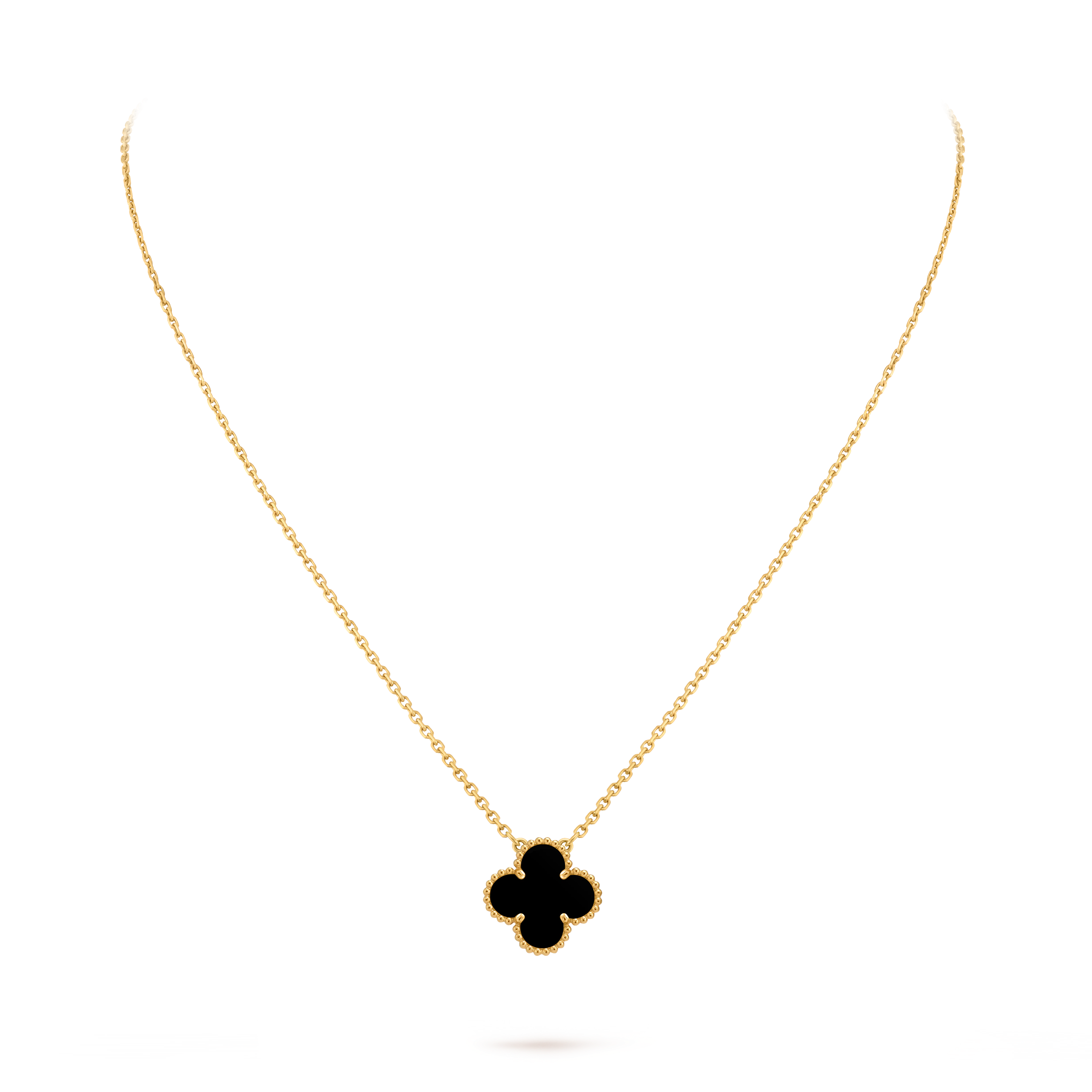 Van Cleef & Arpels Gold necklace four-leaf clover pendant Onyx Vintage Alhambra