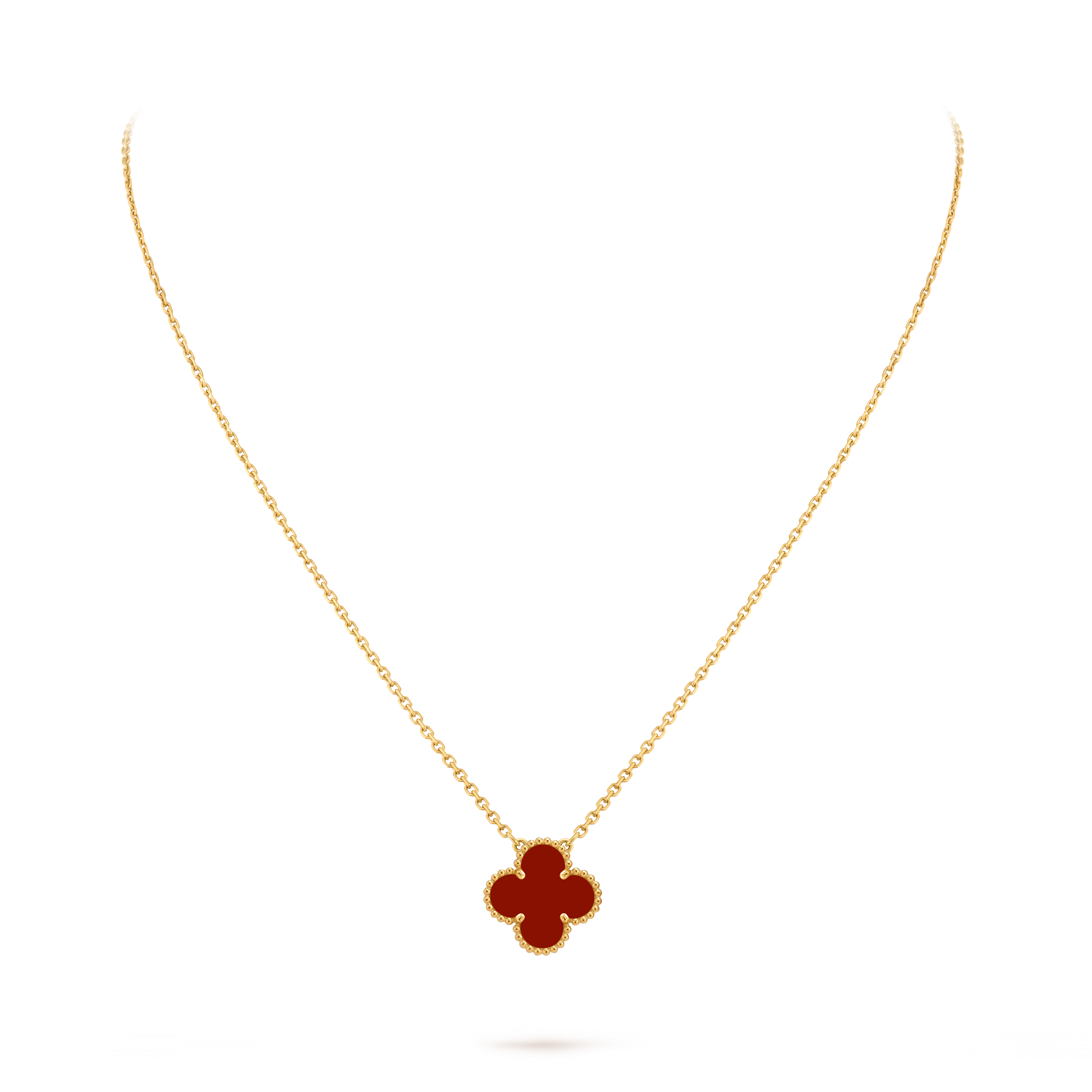Van Cleef & Arpels Gold Necklace Four-leaf Clover Red Chalcedony Pendant Vintage Alhambra